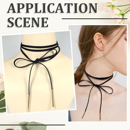 Faux Suede Thin Choker Necklace Gothic Bow knot Collar Chain Black Adjustable PU Leather Cord Necklace Velvet Long Wrap Rope Collar Tie Neck Chain with Gold Tube Ribbon for Women Party Prom