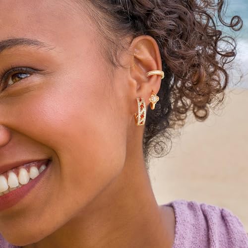 Dremmy Studios Dainty CZ Huggie Hoop Earrings 14K Gold Plated Chunky Simple Cute Thick Round Frill Bead Ball Starburst Cuff Earrings Cubic Zirconia Hoop Earrings Minimalist Personalized Gift for Her - color: White & Red CZ