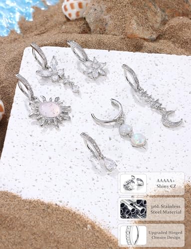 JOERICA 6 Pcs 14G Clicker Belly Button Ring for Women 316L Surgical Steel Butterfly Snake Evil Eye Heart CZ Opal Dangle Belly Button Rings Simple Reverse Navel Rings Body Belly Piercing Jewelry - color: Sliver Tone B