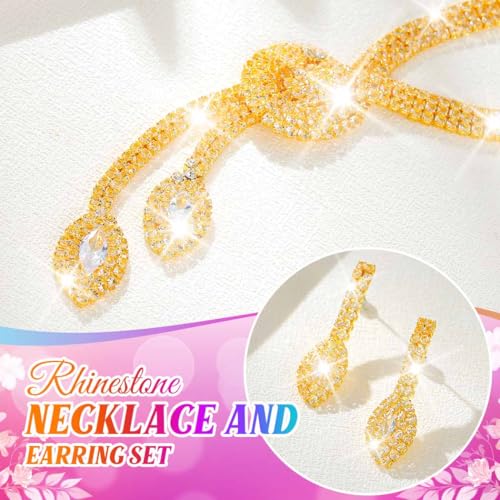 Unicra Silver Rhinestone Bridal Wedding Jewelry Set Crystal Necklace Earrings Sets Formal Prom Costume Jewelry Sets for Women and Brides - color: Gold