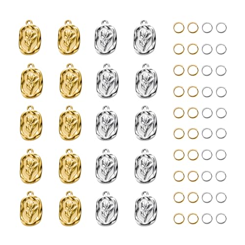 20pcs Stainless Steel Square Charms for Jewelry Making Rose Pendant Charm Bulk Men and Women Bracelet Necklace DIY - color: Square Flower