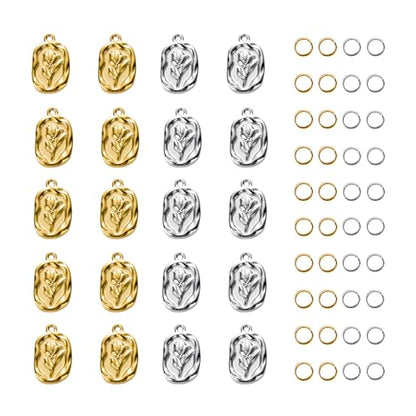 20pcs Stainless Steel Square Charms for Jewelry Making Rose Pendant Charm Bulk Men and Women Bracelet Necklace DIY - color: Square Flower