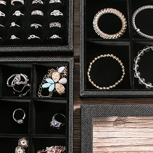 Julysky 4 Pcs/set Stackable Jewelry Organizer Trays with Glass Lid,100 Slots Ring Holder,Bracelet Displays Stand for Selling Necklace Earring Rack - size: 100slot+12grid+24grid