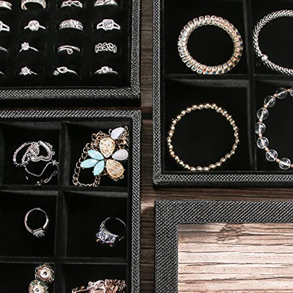 Julysky 4 Pcs/set Stackable Jewelry Organizer Trays with Glass Lid,100 Slots Ring Holder,Bracelet Displays Stand for Selling Necklace Earring Rack - size: 100slot+12grid+24grid