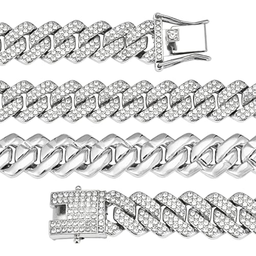 Mens Cuban Link Chain Miami Cuban Necklace 18K Gold Silver Chain For Men Women 14mm Iced Out Hip Hop Jewelry - color: 14K White Gold, size: 22 inches