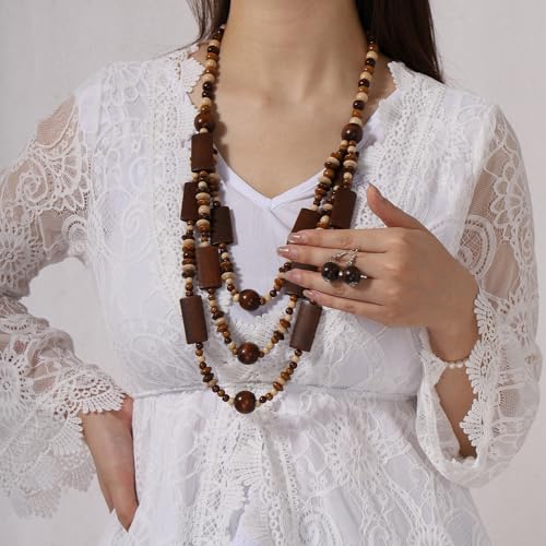 Wood Beads Necklace & Earrings for Women Chunky Multi-Layering Choker Necklace Ear Pendant - color: D