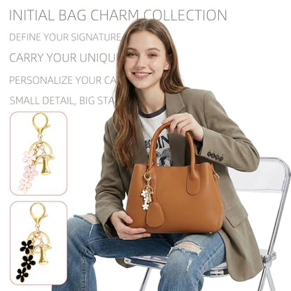 Floral Series Initial Bag Charm, Cute Flower & Bubble Letter Purse Charms, Keychain Accessories Gift for Women - color: White Flower, style: T