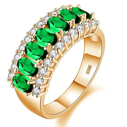 Uloveido Beautiful Women's 7 Stones Wedding Band Oval Cubic Zirconia Engagement Anniversary Rings J501 - color: Gold-Green