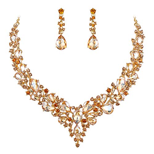 Women's Wedding Statement Necklace Dangle Earring Jewelry | Austrian Crystal Teardrop Cluster,Necklaces Earrings Set for Bride Bridesmaid,Prom Accessories - color: 12-Champagne Gold-Plated-Base