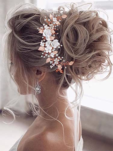 Flower Bride Wedding Hair Vine Pearl Bridal Hair Piece Leaf Hair Accessories Rhinestone Headband for Women (Rose Gold) - color: Rose Gold