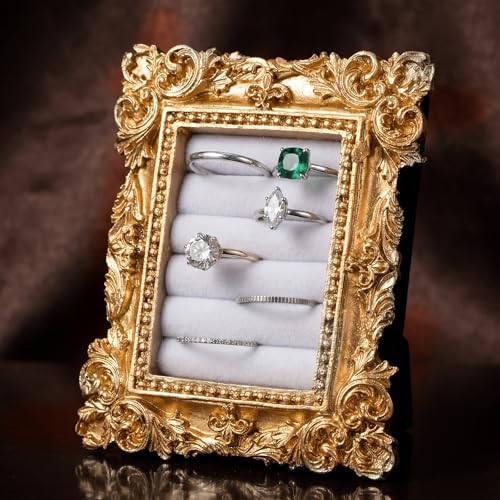 Picture Frame Ring Holder, Rectangle Vintage Ring Holder Gold Velvet Display Stand Frame Earring Tray Anniversary Engagement Baroque Organizer for Women Birthday Christmas Gift Photograph Prop