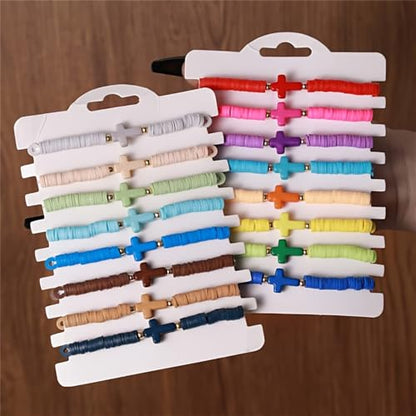 Friendship Bracelets for Women - Heishi Surfer Colorful Smile Evil Eye Clay Beaded Stretch Bracelets Elastic Layering - Stackable Boho Disc Y2K Aesthetic Summer Jewelry Set. - color: C-cross Rainbow 8pc - Cool