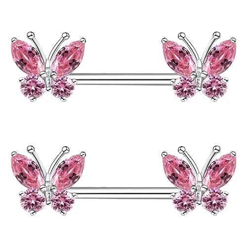 VERAMI 14G Stainless Steel Heart Nipple Rings and Barbell - Butterfly, Starlight Acrylic Ball, Tongue Rings for Women and Men - color: PINK BUTTERFLY