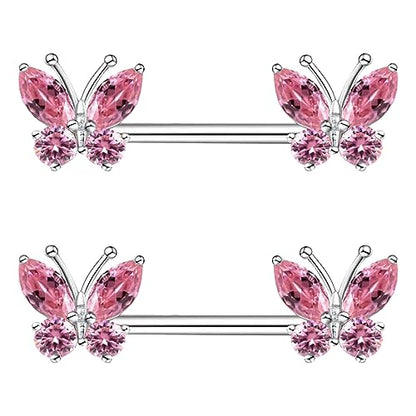 VERAMI 14G Stainless Steel Heart Nipple Rings and Barbell - Butterfly, Starlight Acrylic Ball, Tongue Rings for Women and Men - color: PINK BUTTERFLY