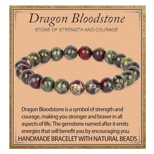 LPBeads Handmade Natural Gemstone Stretch Elastic Bracelet Healing Crystal Round Stone Beads Jewelry Gifts for Women Men - color: Dragon Bloodstone, size: 8mm