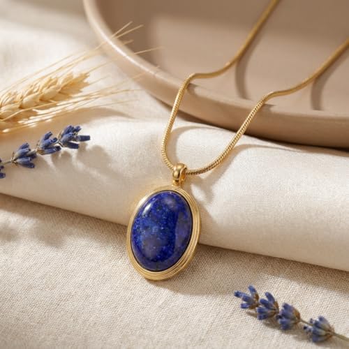Sonateomber Gold Stone Pendant Necklace for Women, Chunky Statement Dainty Heart Oval Natural Gemstone Dangle Necklaces Wedding Prom Accessories Fashion Jewelry Gift - color: Blue