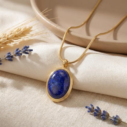 Sonateomber Gold Stone Pendant Necklace for Women, Chunky Statement Dainty Heart Oval Natural Gemstone Dangle Necklaces Wedding Prom Accessories Fashion Jewelry Gift - color: Blue