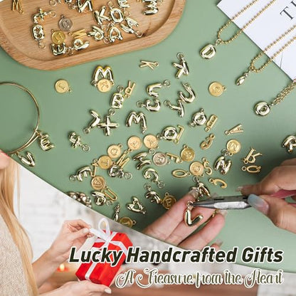 Starry 52pcs Gold Bubbled A-Z Alphabet Letters Charms for Jewelry Making Gold Chunky Bubble Initial Letter Charm Pendant Beads Trendy Bubble Glitter Pendants for Women Bracelet Necklace Choker Making