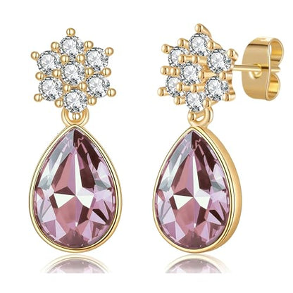 Elegant Austrian Crystal Teardrop Dangle Earrings for Women,14K Gold Plated Flower Drop Earrings Jewelry Gift for Birthday Wedding Anniversary - color: Antique Pink