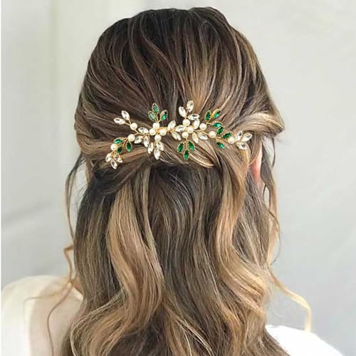 Pearl Crystal Hair Comb Bridal Green Rhinestone Gold Vine Hair Piece Accessories for Wedding Women - color: Green