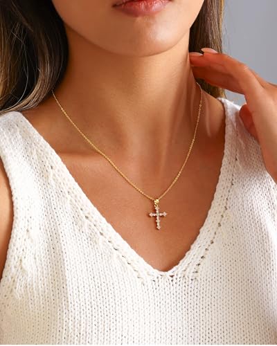 Cross Necklace for Women, 14K Gold Plated Cubic Zirconia Cross Pendant Necklace, Trendy Christian Jewelry Gifts for Baptism First Communion Christmas - color: Style C - Gold