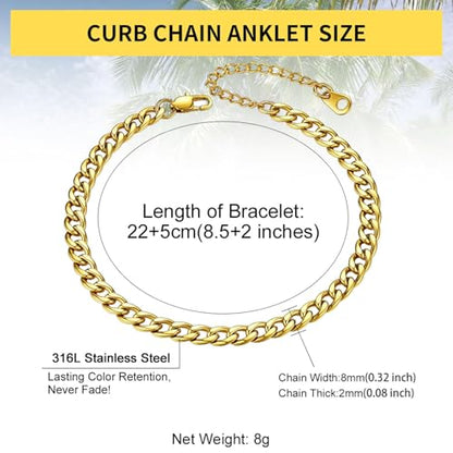 ChainsHouse Ankle Bracelets for Women, Stainless Steel Beaded Chain Ankle Bracelet, Womens Heart Anklets for Summer Beach Jewelry Gifts - color: C: cuban-5mm-gold