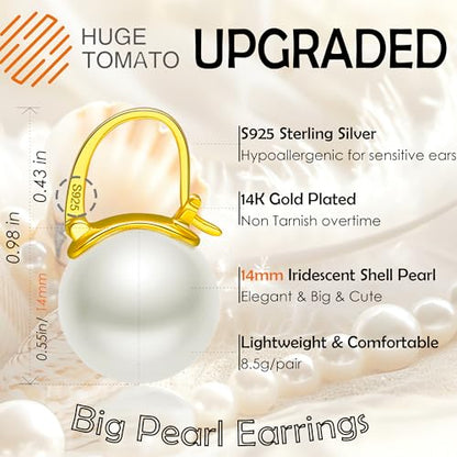 HUGE TOMATO 925 Sterling Silver Simulated Shell Pearl Earrings for Women Trendy, Big Pearl Drop Earrings Leverback Stud,18K Gold Plated Large Pearl Hoop Dangle Hypoallergenic Jewelry 14mm - color: Champagne