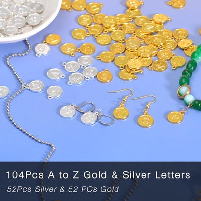 stino 200Pcs A-Z Metal Letter Charms for Jewelry Making, Capital Alphabet Initial Charms - color: 104Pcs Silver & Gold Disc