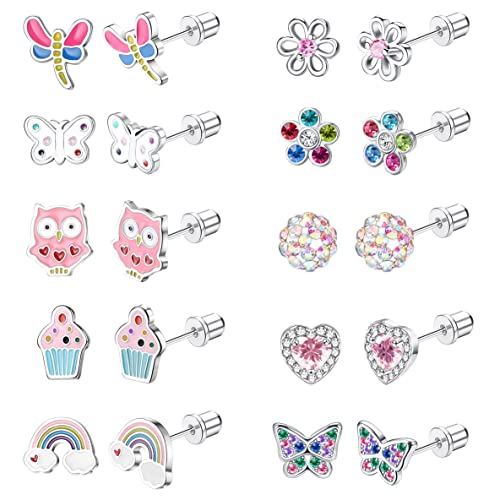 10Pairs Hypoallergenic Screw Back Earrings for Women Girls Stainless Steel | CZ Heart Butterfly Ball Stud Earrings Multicolored Cat Rainbow Screwback Stud Earrings Set Over 3 Years Old - style: flower earrings