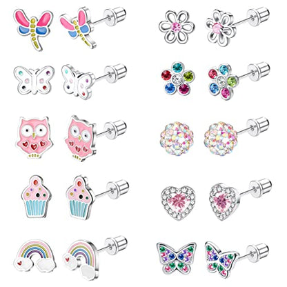 10Pairs Hypoallergenic Screw Back Earrings for Women Girls Stainless Steel | CZ Heart Butterfly Ball Stud Earrings Multicolored Cat Rainbow Screwback Stud Earrings Set Over 3 Years Old - style: flower earrings