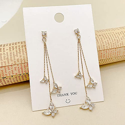Temperament Crystal Butterfly Drop Dangle Earrings for Women Long Tassel Butterfly Stud Earrings - color: Gold