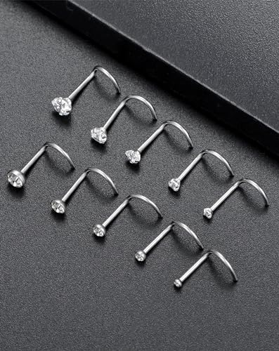 20G 10Pcs Stainless Steel L Screw Bone Shaped Nose Studs Rings Square Round CZ Nose Ring Labret Nose Piercing Jewelry for Men Women Silver Tone 1.5mm-2mm-2.5mm-3mm-3.5mm CZ - style: A2:10Pcs,S Shaped(G23 Titanium)