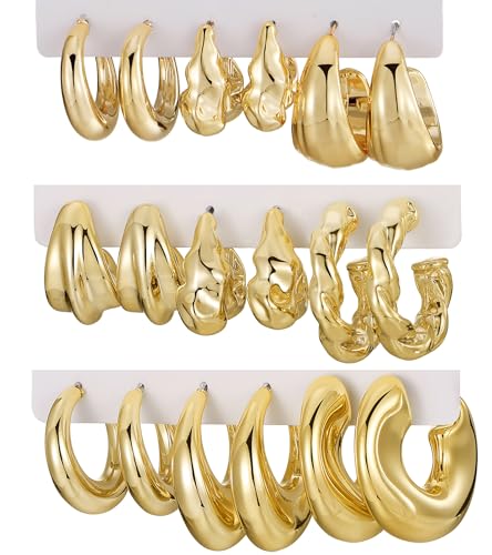 IFKM 24 Pairs Gold Hoop Earrings Set for Women Hypoallergenic Chunky Chain Twisted Open Hoops Dangle Earring Packs for Birthday Party Christmas Fashion Jewelry Gift - color: 9 Pairs Gold Style 2