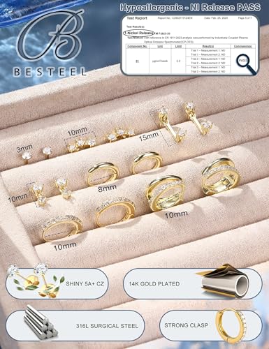 BESTEEL 7Pairs Hypoallergenic Gold Plated Earrings for Women Earring Stacks | Trendy Small Stud Huggie Hoop Earring Stacks Set Surgical Steel Cartilage Helix Jewelry for Sensitive Ears Birthday Gifts - style: G- Double