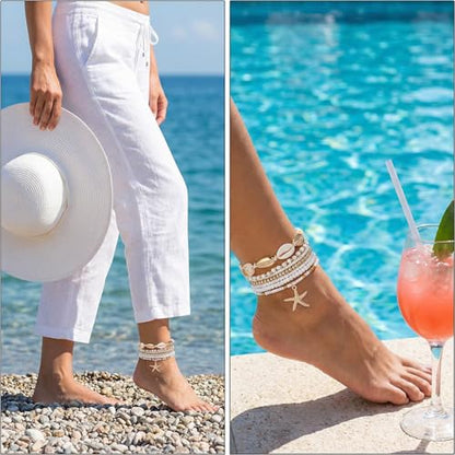 Ouligay 7PCS Boho Shell Ankle Bracelet Shell Beaded Ankle Bracelets for Women, Summer Beach Bracelets, Boho Adjustable Anklet Hawaiian Beach Seashell Starfish Foot Jewelry Gifts, Summer Accessories