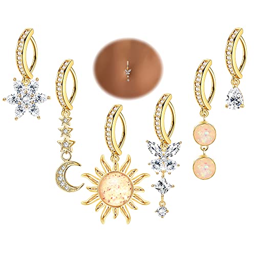 JOERICA 6 Pcs 14G Clicker Belly Button Ring for Women 316L Surgical Steel Butterfly Snake Evil Eye Heart CZ Opal Dangle Belly Button Rings Simple Reverse Navel Rings Body Belly Piercing Jewelry - color: Gold Tone B