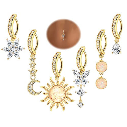 JOERICA 6 Pcs 14G Clicker Belly Button Ring for Women 316L Surgical Steel Butterfly Snake Evil Eye Heart CZ Opal Dangle Belly Button Rings Simple Reverse Navel Rings Body Belly Piercing Jewelry - color: Gold Tone B