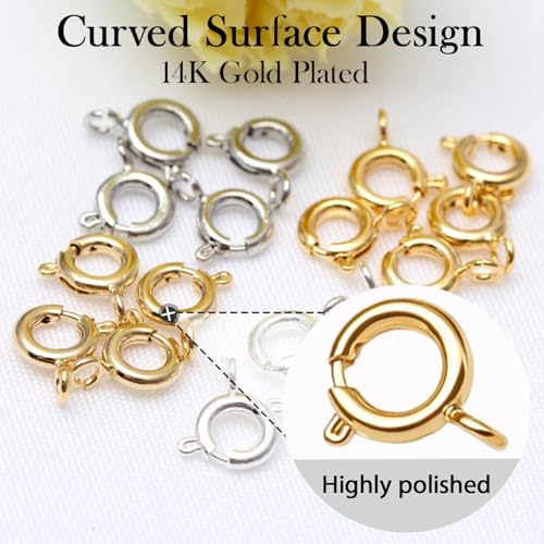stino 100Pcs Small Spring Round Jewelry Clasps (14K Gold Plated) | Brass, High Polished, Necklaces & Bracelets Findings - color: 14K Gold Plated
