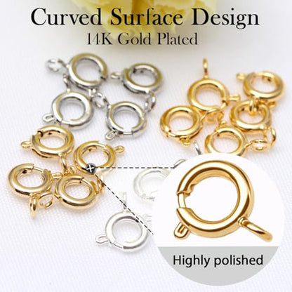 stino 100Pcs Small Spring Round Jewelry Clasps (14K Gold Plated) | Brass, High Polished, Necklaces & Bracelets Findings - color: 14K Gold Plated