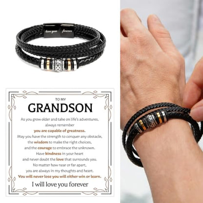 To My GrandSon Bracelet – Love You Forever Braided Leather Bracelet, Meaningful GrandSon Gift from Grandpa & Grandma with Heartfelt Message Card & Elegant Gift Box for Birthday, Christmas - color: Version#8