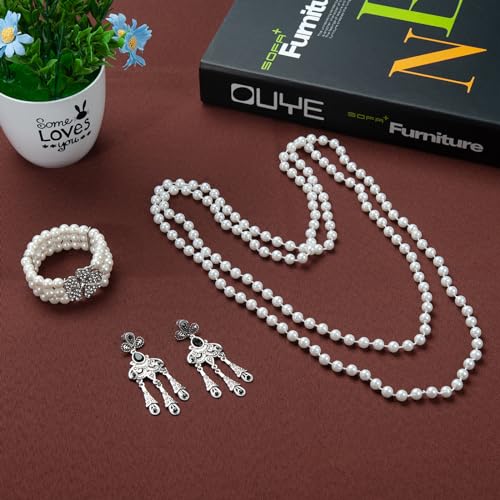 1920s Pearl Jewelry Set - Long Pearl Necklace, Earring Set, Multilayer Bracelet - Flapper Accessories for Women - color: Retro