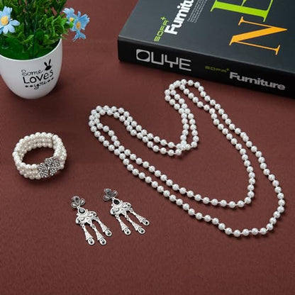 1920s Pearl Jewelry Set - Long Pearl Necklace, Earring Set, Multilayer Bracelet - Flapper Accessories for Women - color: Retro