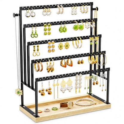 Large 5 Tier Earring Organizer and Holder, Black | 100+ pair earring storage, jewelry holder stand, clean white finish, ideal for bright bedrooms and modern vanities - color: Black