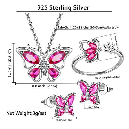 925 Sterling Silver Birthstone Butterfly Jewelry Women Crystal Animal Cute Butterflies Birthday Necklace/Earring/Ring/Bracelet Sets Birth Stone Statement Anniversary Jewellery - color: 2-G.July-Ruby