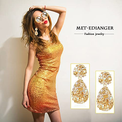 Rhinestone Statement Earrings Teardrop Costume Earrings Cluster Crystal Chandelier Drop Dangle Earrings for Women - color: Champagne