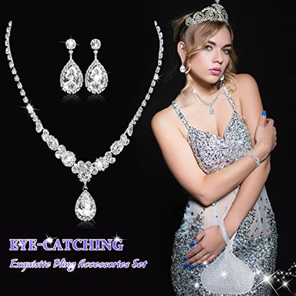 4 Pcs Silver Clutch Purse Jewelry Set for Women Rave Accessories Evening Rhinestone Purse Silver for Bride Wedding - style: Modern Style