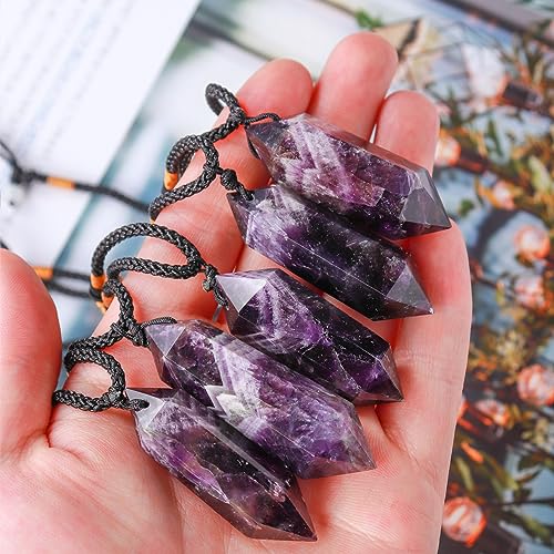 Runyangshi Dream Amethyst Healing Crystal Pendants, Double Pointed Natural Crystal Quartz Necklace 6 Faceted Chakra Crystal Wand Stone - color: Dream Amethyst