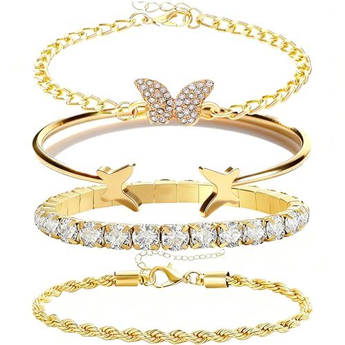 Alegend 14K Gold Plated Stackable Multilayer Bracelets + Titanium Steel(Not Rust, Resist Corruption, Easily Clean) 18K Gold Plated Single Bracelets - color: 14K Gold + 4PCS A