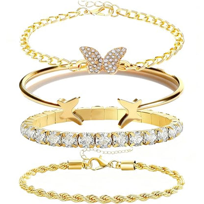 Alegend 14K Gold Plated Stackable Multilayer Bracelets + Titanium Steel(Not Rust, Resist Corruption, Easily Clean) 18K Gold Plated Single Bracelets - color: 14K Gold + 4PCS A