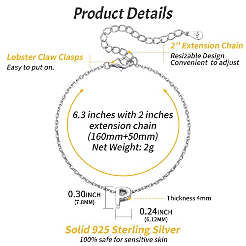 ChicSilver Initial Bracelet for Women 925 Sterling Silver Letter Initial Bracelet Dainty Personalized 26 Alphabet Jewelry Gifts for Birthday Anniversary Wedding - style: P
